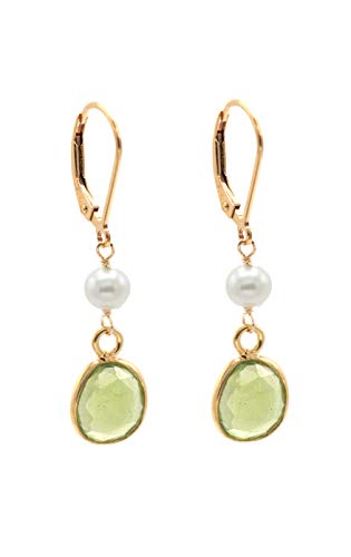 LTC Designs 14k Gold-Filled Leverback Earrings made with Peridot Bezel Drops and (3.5-4mm) White Cultured Freshwater Pearl Accents for Women, Men and Friends, This Dainty Style is a Great Gift Item