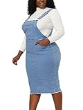 Picture of Agnes Orinda Plus Size Jean Overalls Dresses for Women Adjustable Strap Back Slit Distressed Denim Overall Dress 3X Light Blue