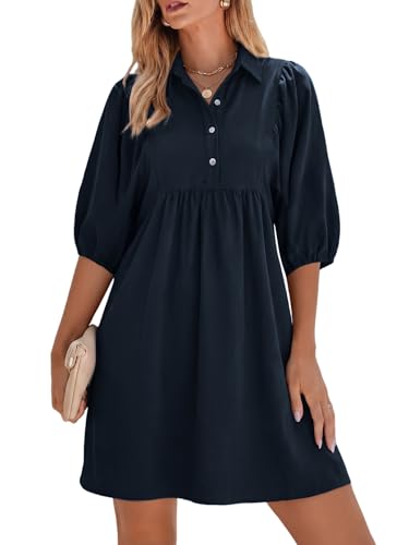 FENSACE Graduation Dresses with Pockets Babydoll Dress Lantern Sleeve Spring Business Casual Work Flattering Dress to Hide Tummy(Navy Blue-2,Medium)
