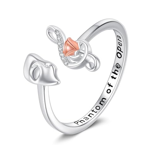 URONE Phantom of the Opera Ring 925 Sterling Silver Music Note Rose Ring Phantom of the Opera Jewelry Theatre Gifts for Women