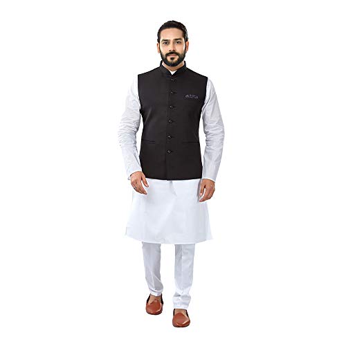 Image of Pure Cotton Kurta Pyjama Set & Jute Nehru Jacket