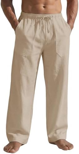 Men's Casual Linen Pants Summer Beach Trousers Loose Fit Straight...