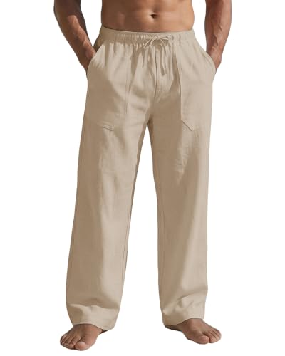 Wangdo Men's Casual Linen Pants Summer Beach Trousers Loose Fit Straight-Legs Elastic Drawstring Waist Yoga Trousers Light Khaki