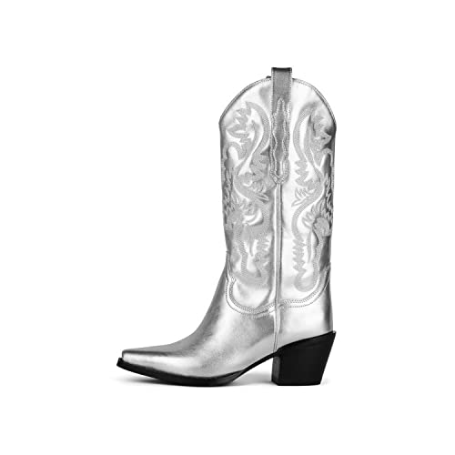 Image of keleimusi Women's Western Cowgirl Ankle Boots Stacked Block Heel Cowboy Booties Steel Toe Heeled Short Cowboy Boots Western Booties