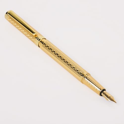 Image of 20818 Glossy Fountain Pen Golden Self Designer Metal Body Golden Crafted Clip with Ink Converter Pen for Student, Executives with High End Gift Box. (FINE NIB)
