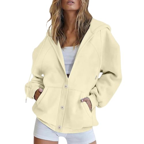 Image of Women'S Fleece Hoodie Sweatshirt Ladies Solid Zip Up Hoodies Cotton Women Top Long Sleeves Casual Stretchable Comfortable Hoodies Light Yellow