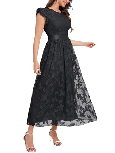 Image of Women's Casual Tulle Midi Dress Ruffle Sleeve Crewneck Lace Flowy Dresses Party Wedding Guest Sundress