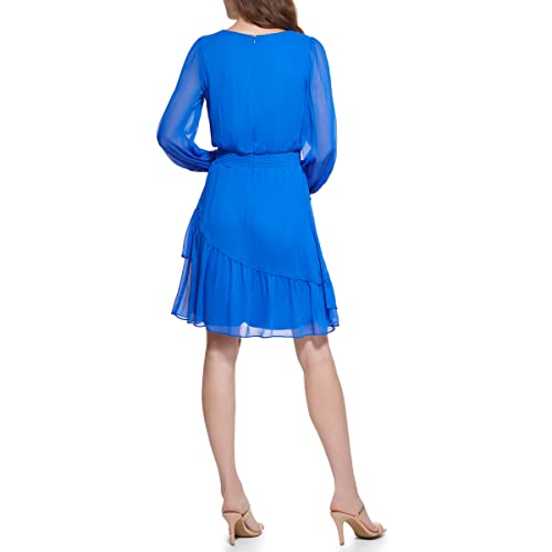 Image of DKNY Women's Long Sleeve Tiered Ruffle Smocked Waist Mini Dress