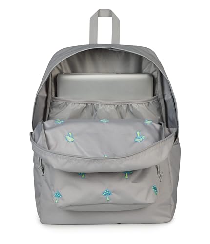 Image of JanSport Superbreak Plus FX Backpack - Work, Travel, or Laptop Bag with Water Bottle Pocket, Superbreak Plus Fx, Embroidered Shrooms Md Grey /E Azul /Bratty