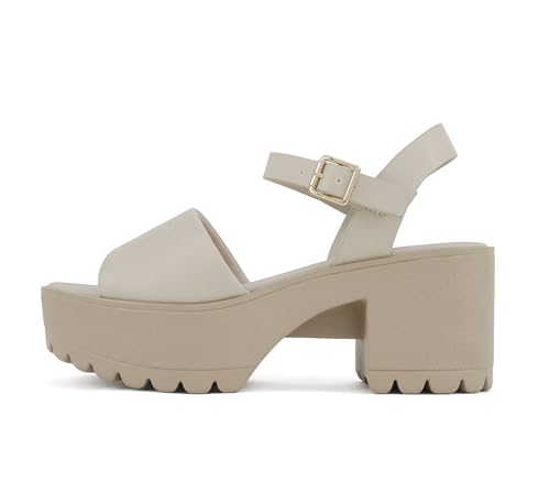Image of Soda inchStacie inch ~ Women Open Toe Lug Sole Mid Block Heeled Sandals with Adjustable Ankle Strap