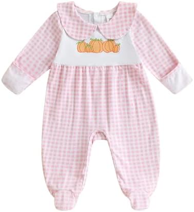 woshilaocai Baby Fall Outfit Boy Girl Plaid Embroidered Collar Romper Footie Inf