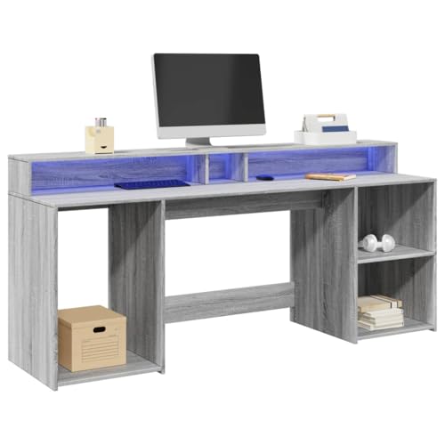 Mokuyary Escritorio y luces LED Sonoma Gris 200x55x91 cm Madera Ingeniería Oficina de Computadora para Dormitorio Salón, Estación de Trabajo Mesa de Estudio, Oficinas de Computadorapara