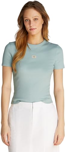 Calvin Klein Damen T-Shirt Kurzarm Woven Label Rib Tee Slim Fit, Türkis (Cloud Blue), S