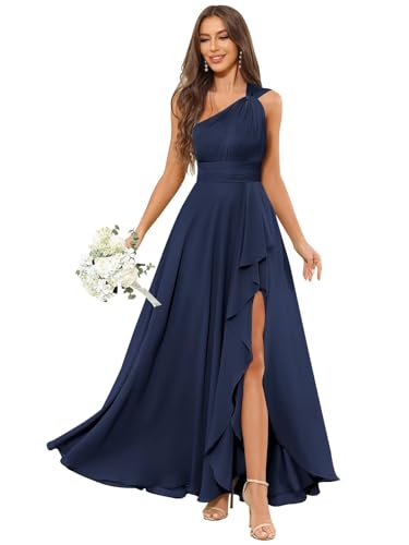 VCCICANY One Shoulder Bridesmaid Dresses for Women Chiffon A Line Pleated Ruffle Long Formal Evening Dresses with Slit