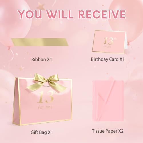 Image of JMANNI Birthday Gift Bag with Card and Tissue Paper for Men Women Him, Elegant Pink Gold Anniversary Keepsake Party Present Shopping Paper Bags for Gifts Wrapping Pink / 13 inch Large /EST.2013 13th