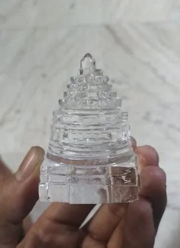 Image of 100% Pure Sphatik Crystal Shree Maha Meru Yantra (Original) for Pooja / Shree Yantra / Crystal shri Yantra (Weight- 50-60 Grams, 4X4X5 cms (LXBXH) (Big) Blessed & Energized for Spiritual Powers