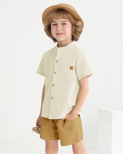 Image of WESIDOM Toddler Boy Clothes Button-Down Shirts+Short Sets Boy's 2 Piece Beach Outfits with Pockets 18M-7Y