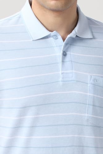 Image of Peter England Men's Cotton-Polyester Fine Stripe Polo T-Shirt - Casual Wear | Sleek & Comfortable