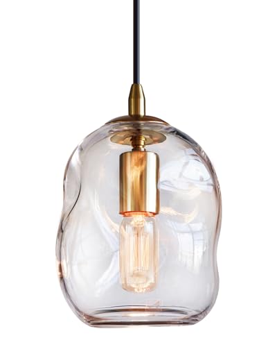 CASAMOTION Modern Glass Pendant Light Kitchen Island Brass Gold Organic Globe Hanging Industrial Contemporary Style Sink Bar Counter Porch Small Medium Lamp 8 Inch H