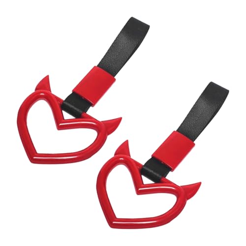 Sandfren 2PCS Car Devil Heart Handle Ring, Cute Heart-Shaped Vehicle Rear Bumper Waring Loops, Automotive Grab Handle Strap Drift Charm Decoration, Universal Fit (Red/Black)