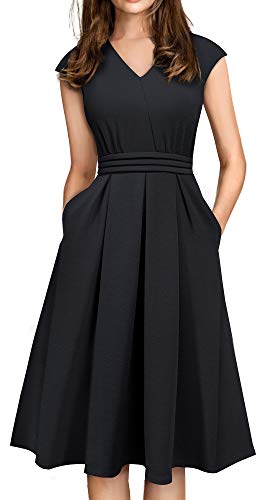 HOMEYEE Women's Vintage 50s Cap Sleeve Pleated Waist Cocktail Retro Flared Dress with Pocket A196
