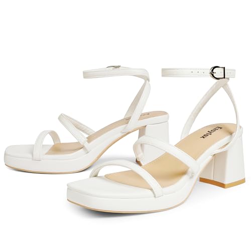 Easyfox White Platform Sandals for Women Two Strap White Heels Chunky Platform Heels Square Open Toe Strappy Sandals Block Heel Dance Wedding Sandal Shoes Size 6 by Easyfox - Used condition - Image 7