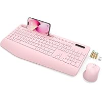 SABLUTE Wireless Keyboard and Mouse, Wrist Rest, Phone Holder, Batteries Included, 2.4G Lag-Free Ergonomic Keyboards Mouse Combo, Silent Keyboard Cordless Set for Computer, Laptop, PC, Windows, Pink