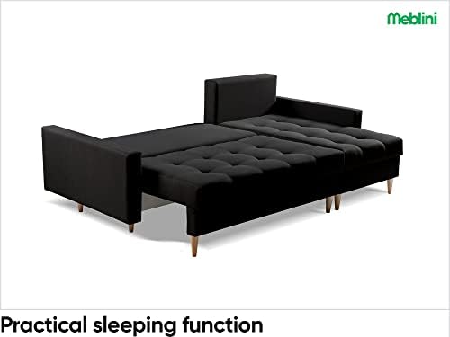 6. Bild von MEBLINI Schlafcouch mit Bettkasten - Kleines Ecksofa mit Schlaffunktion - Sofa mit Relaxfunktion und Kissen - Kleine Couch L-Form - Eckcouch - SCANDO - 220x140x75cm - Schwarz Stoff