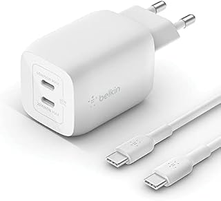 Belkin Ładowarka sieciowa 65W, 2 porty USB typ C, Power Delivery 3.0 z technologią GaN do urządzeń iPhone 15, 14, iPad, MacBook, Samsung Galaxy S24, Tab, Pixel i innych - kabel USB C-C w zestawie
