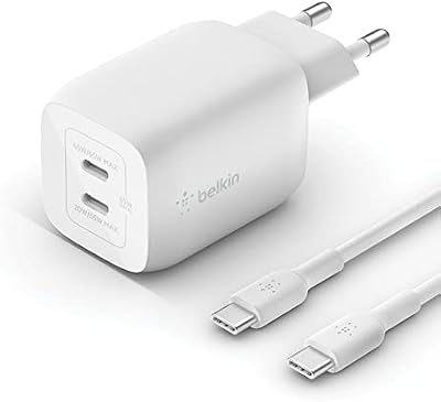 Belkin Cargador de Pared Doble USB tipo C de 65 W, cable USB-C a USB-C, carga rápida 3.0 con Tecnología GaN para iPhone 16, 15, iPad Pro, MacBook, Samsung Galaxy S24, S23, Google Pixel y más