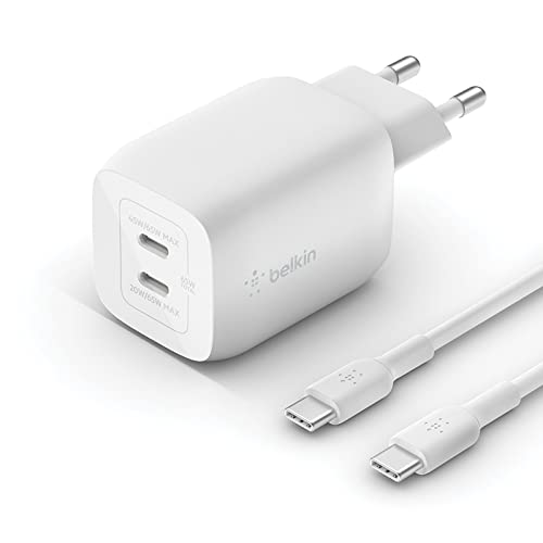 Belkin 65-W-USB-C-Ladegerät mit 2 Ports und USB-C/C-Kabel, Schnellladen mit Power Delivery 3.0 und GaN-Technologie für MacBook Pro… – Ansicht 1