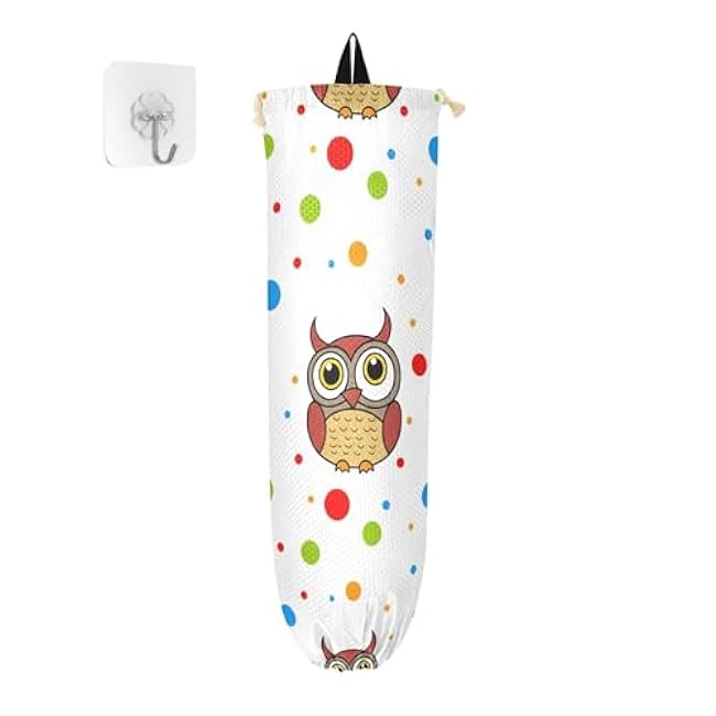 xigua Cute Owls Plastic Bag Holder Wall Mount with Drawstring 1 Pack, Reusable Grocery Bag Organizer Decor for Bags, Socks, Underwear, And Neckties
