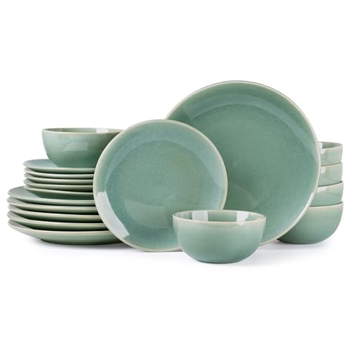 Image of GBHOME Ceramic Dinnerware Sets for 6, 18 Pieces Stoneware Plates and Bowls Sets, Reactive Glaze Dishes -Scratch Resistant, Dishwasher&Microwave Safe-Malachite Green