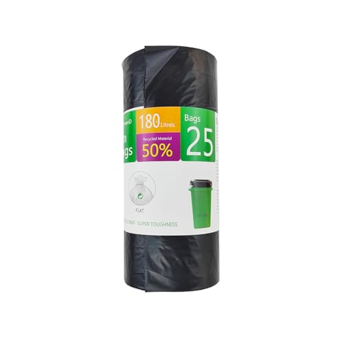 GreenD Las bolsas de basura grandes de 180 L son fuertes y seguras, bolsas de basura, bolsas de basura, parte superior plana, reciclables, resistentes a desgarros, 17 m, perfectas para uso diario,