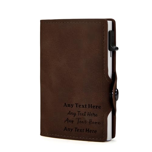 Personalized Slim Wallet for Men Leather Wallet Card Holder Custom Mens Wallet Smart Pop-up Credit Card Case Gifts for Men Husband Birthday Christmas Fathers Day Valentine (Deep Brown, Design 3)