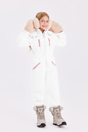 Haloumoning Kids Snow Suit Girls Hooded Waterproof Insulated One Piece Ski Suit 5-14 Years2