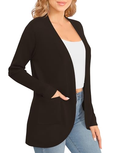 Image of EXCHIC Women's Long Sleeve Lightweight Knit Sweater Cardigan Curved Hem Open Front Cardigans with Pockets