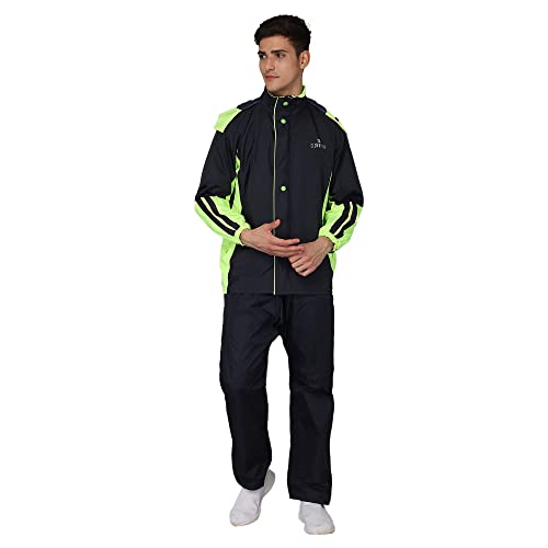 Image of THE CLOWNFISH Solomon Series Men's Waterproof Polyester Double Coating Reversible Raincoat with Hood and Reflector Logo at Back. Set of Top Bottom. Printed Plastic Pouch Rope