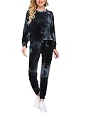Hotouch Jogginganzug Damen Tie Dye Trainingsanzug Damen Velours Zweiteiliger Hausanzug Winter Lose Fit Schwarz S 34/36/38