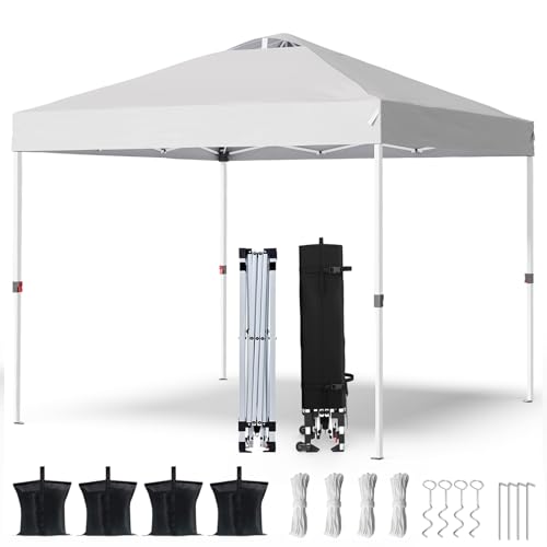 PHONWHON Shades 10x10 Pop Up Canopy with One Push Setup,Heavy Duty Beach Tent with Wheels for Easy Moving, Sun Shelter for Parties,Events, Outdoor Gazebo with 420D Coated Waterproof White Fabric