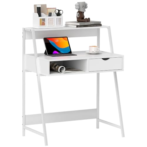 HOMCOM Home-Office-Schreibtisch mit A-Rahmen für kleine Räume, Weiß | Computerschreibtisch, Schreibtisch, mit Schublade, Aufbewahrungsregale