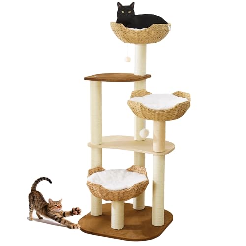 Torre para gatos moderna con cesta tejida y postes de sisal