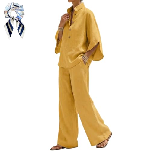 Women's Batwing Sleeve Linen Cotton Two Piece Set - Casual Shirt and Wide Leg Pants Outfit (Taupe, X-Large)