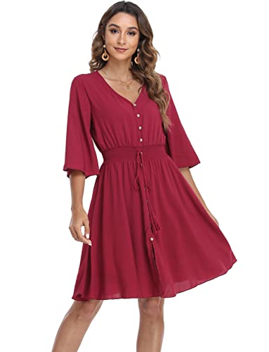 Image of VintageClothing Women's Floral Sundresses Flowy Boho Summer Beach Dress | Lightweight Breathable material,Elegant V Neck and Button Front Design,Flared Bell Sleeve Cut,Mini Casual dress