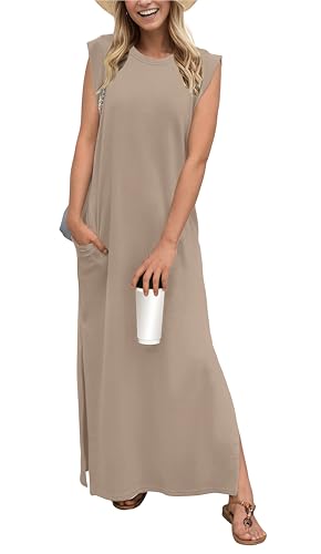 Image of GRECERELLE 2026 Women Year-Round Casual Round Neck Loose Split Wrinkle-Free Long Maxi Vacation Dress with Pockets (XXS-4XL)