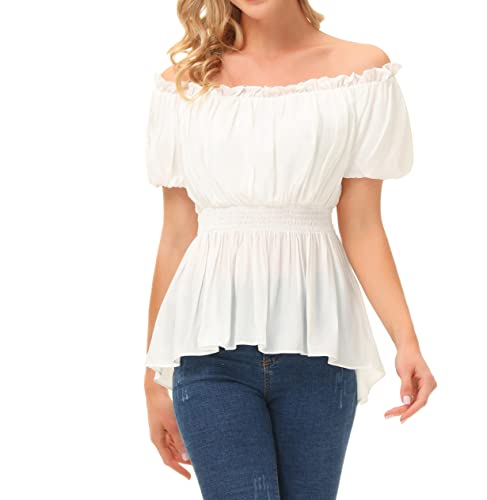 Women Renaissance Shirt Puff Sleeve Boho Off Shoulder Peasant Tops White XXL
