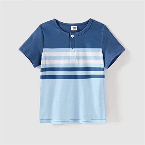 Patpat Family Matching Outfits Mommy And Me Dresses Matching Set Button Front Floral Print Splicing Ruffle Dresses And Short Sleeve Striped T-Shirts Sets Boho Beach Denim Blue Toddler Girl 2 Years #TOP4