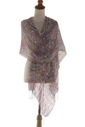 NOVICA Artisan Handmade Silk Batik Shawl Floral Wrap Brown Multicolor Indonesia Accessories Patterned Cognac 'Euphoria'2