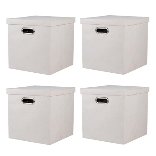 ArcaGuru Storage Bins with Lids, Collapsible Linen Fabric Boxes Organizer Containers with Lid Foldable Storage Box Basket for Closet, Shelves, Home, Office, 11 x 11 x 11.4 Inch, 4 Pack, Beige