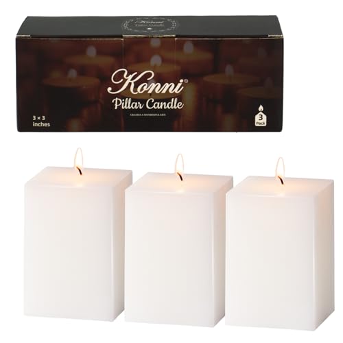 KONNI Square White Pillar Candles Set of 3, 2.8
